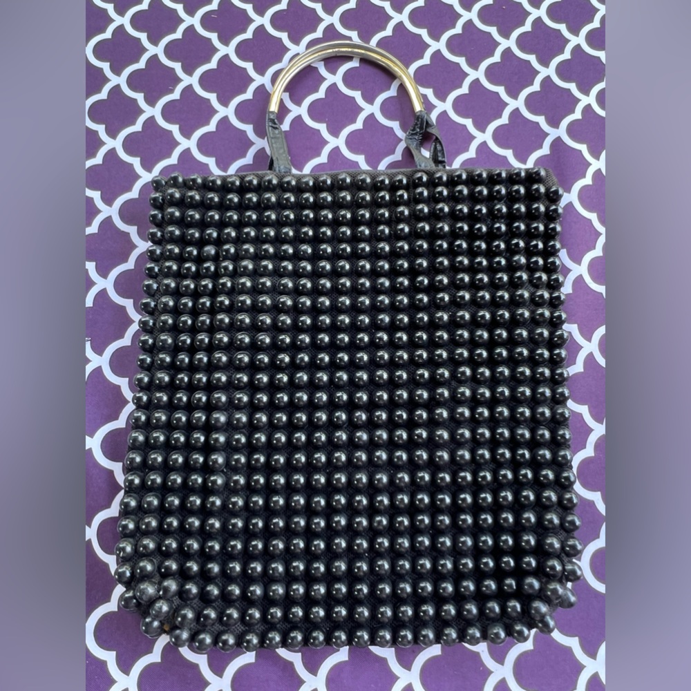 Black Beaded Tote Bag Vintage Antique